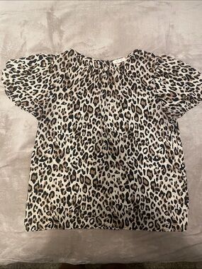 Pleione Leopard Print Short Sleeve Blouse - Black, Brown, Cream